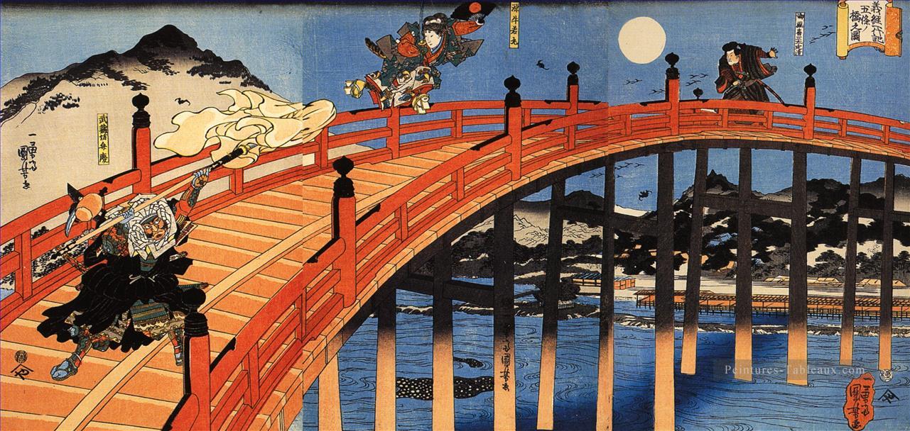 la lutte au clair de lune entre Yoshitsune et Benkei sur le gojobashi Utagawa Kuniyoshi ukiyo e Peintures à l'huile